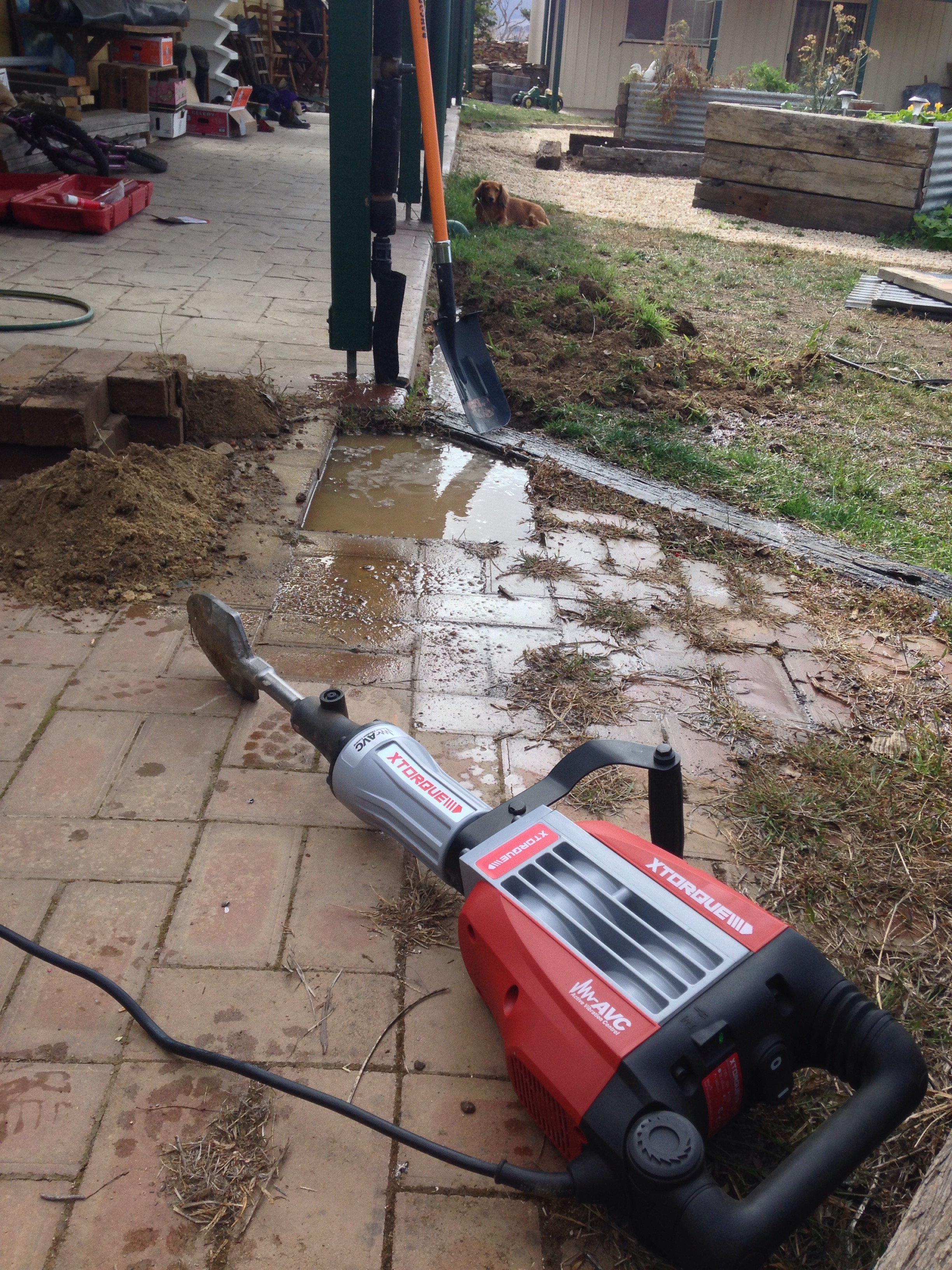 Jackhammer hits a water pipe